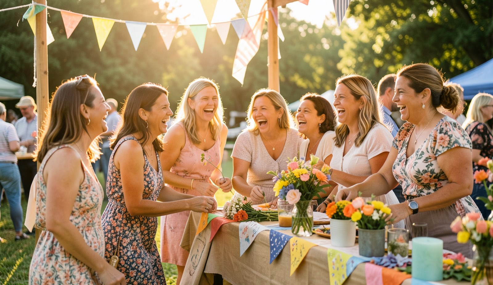 Members laughing together at a summer federation event (placeholder photography)